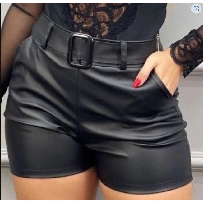 Shorts de Couro Feminino Cós Alto com Cinto - Imagem 4