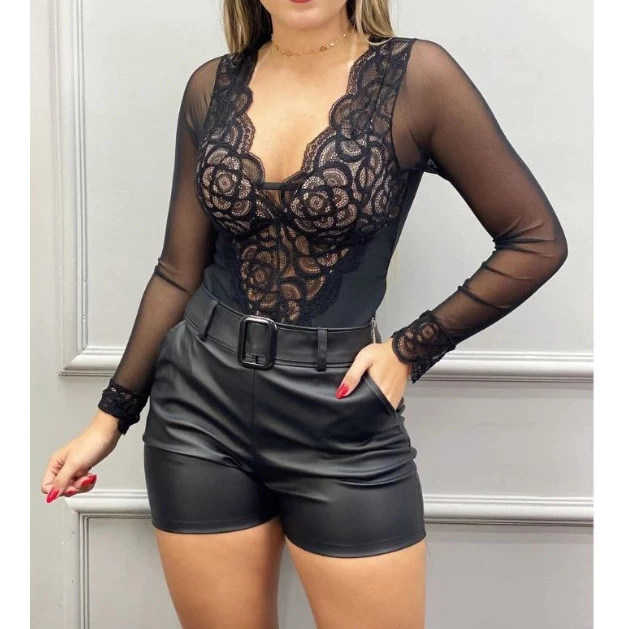 Shorts de Couro Feminino Cós Alto com Cinto - Imagem 3